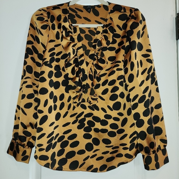 J Crew Size XS Womens Gold & Black Blouse Ruffles V Neck Covered Buttons at Cuff - Picture 11 of 11